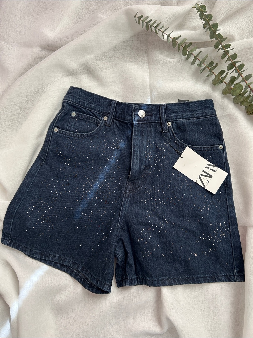 ZARA Denim Shorts Rhinestone Front NWT Size XS Sparkly Festival Y2K